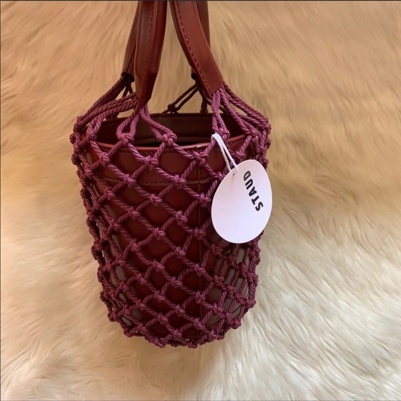 New! STAUD Monreau Bordeaux Leather Net Bucket Bag - Picture 7 of 11